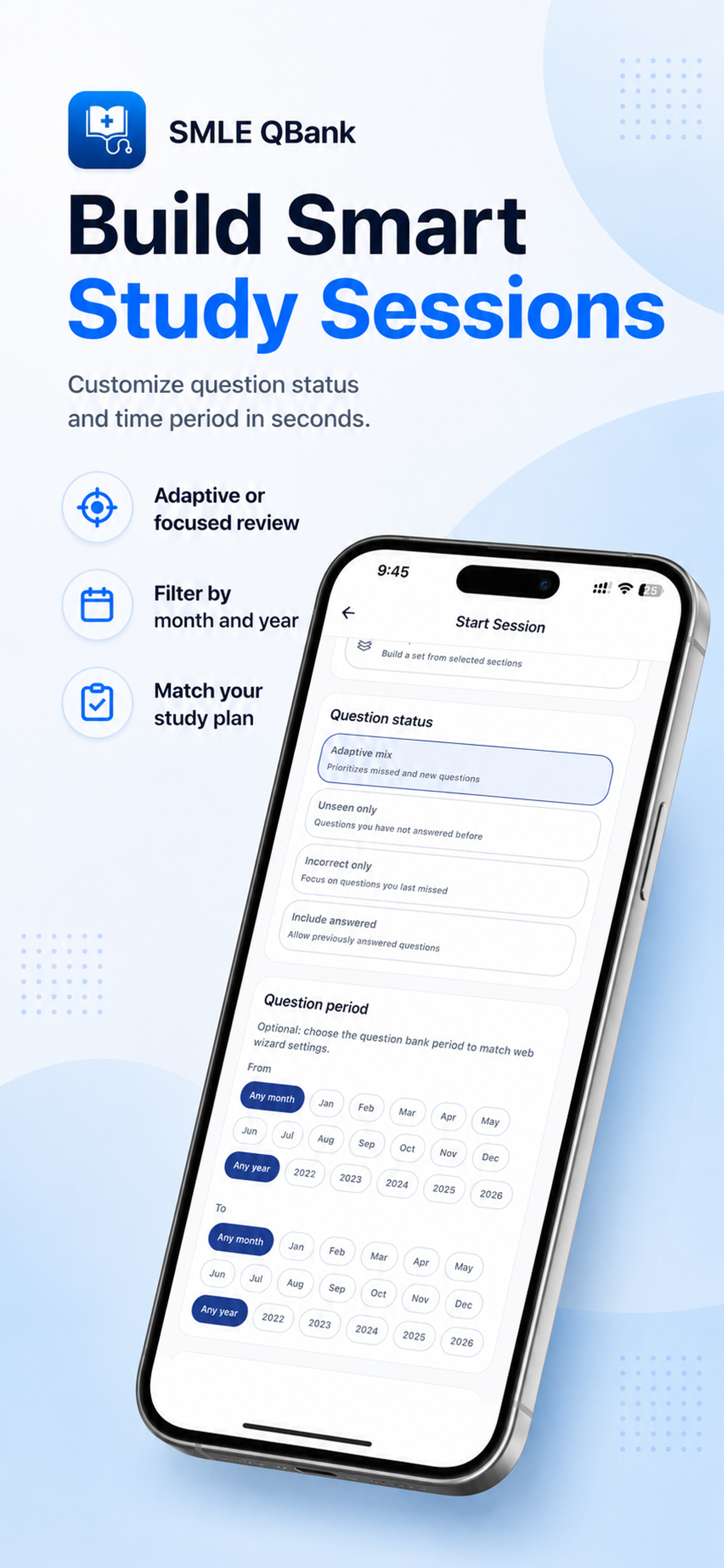 SMLE QBank session builder for selecting study settings and question filters
