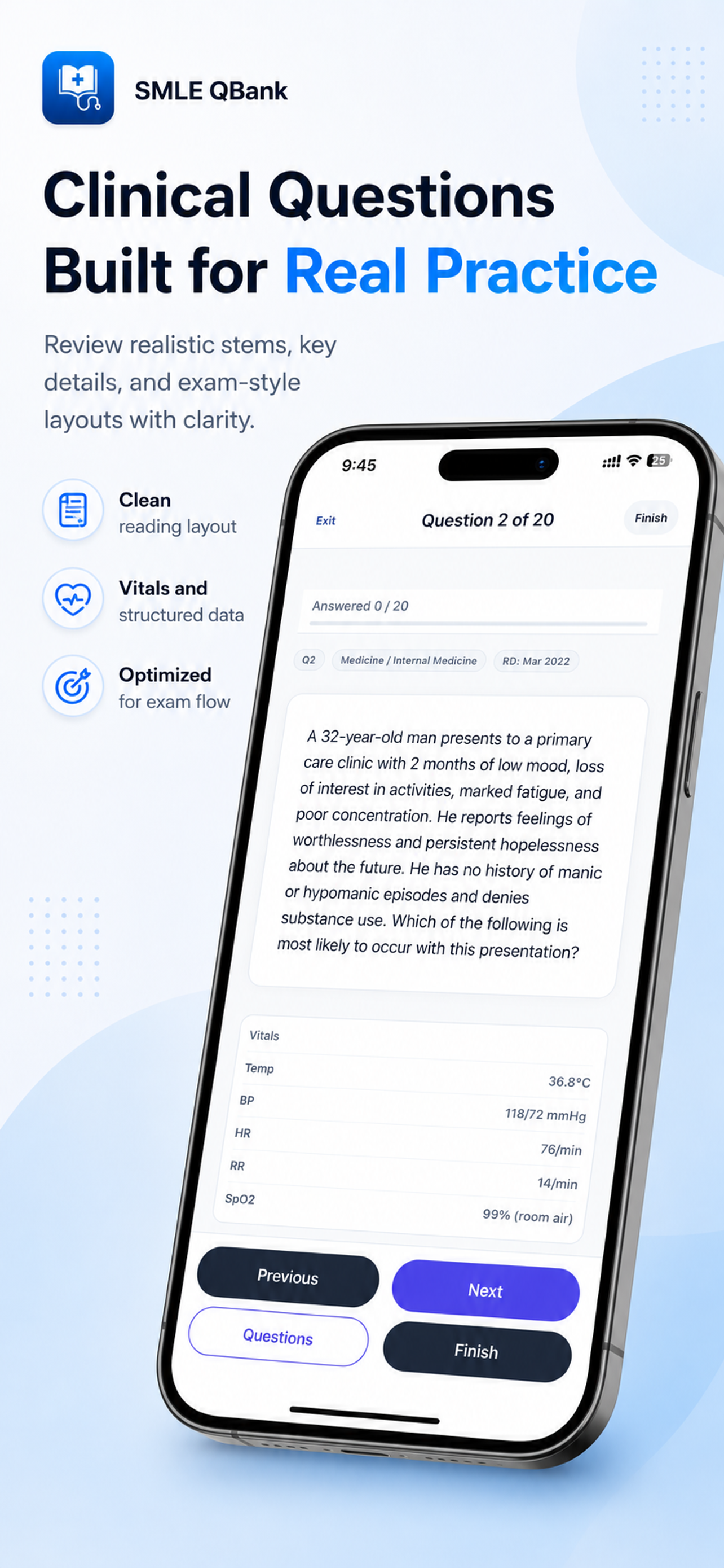 Clinical question in the SMLE QBank exam-style mobile interface