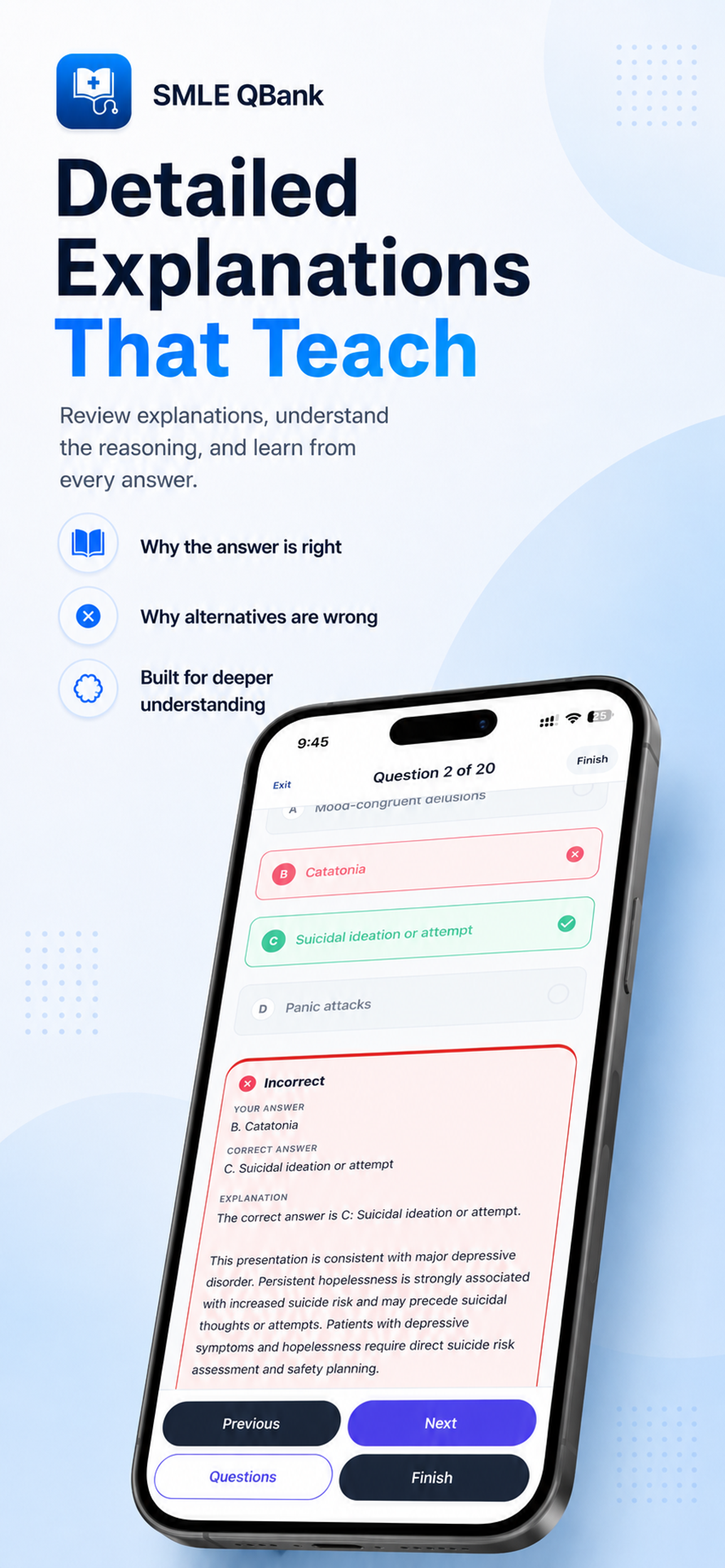 Detailed clinical answer explanation in the SMLE QBank mobile app