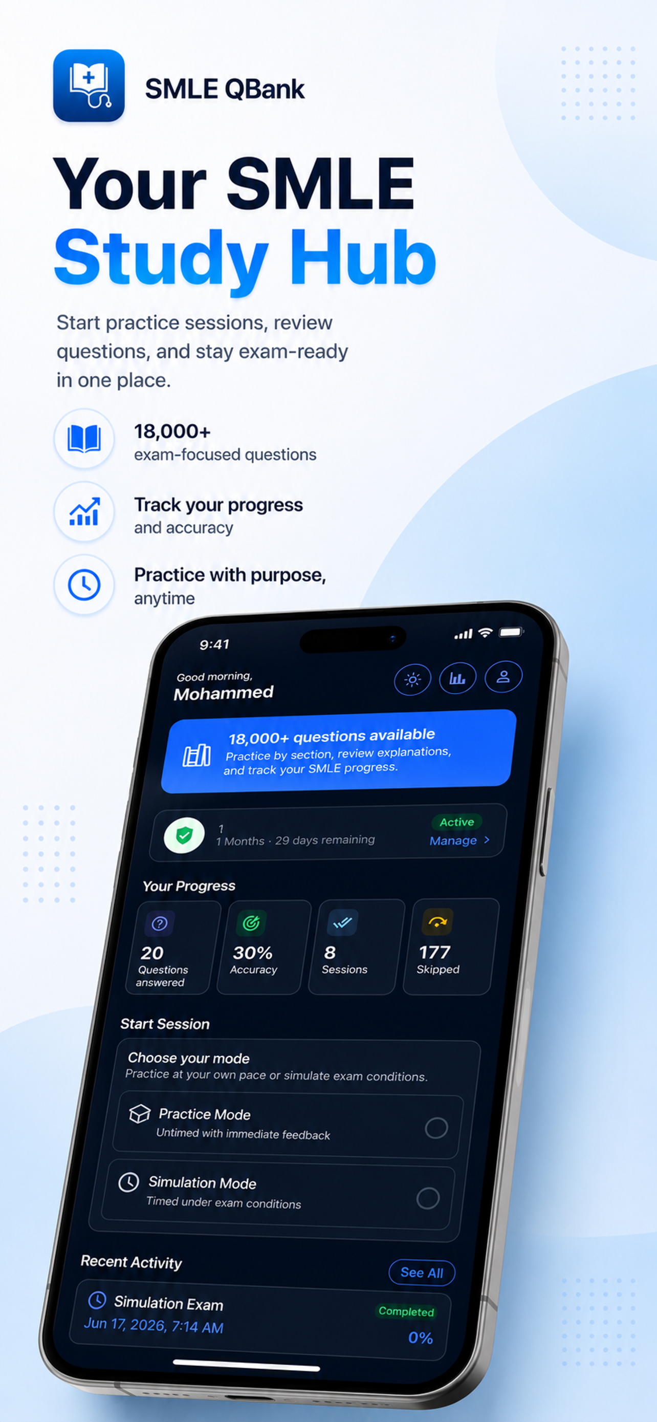 SMLE QBank mobile dashboard showing study tools, recent activity, and performance